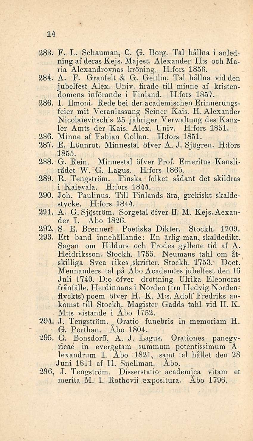 14 283. F. L. Schauman, C. p-, Borg. Tai hållna i anledning af deras Kejs. Majest. Alexander II:s och Maria Alexandrovnas kröning. H:fors 1856. 284. A. F. Granfelt & G. Geitlin.