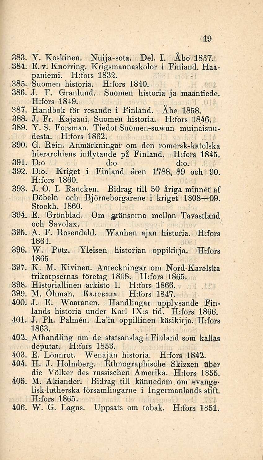 19 383. Y. Koskinen. Nuija-sota. Del. I. Åbo 1857. 884. E. v. Knorring. Krigsmannaskolor i Finland. Haapaniemi. Hfors 1832. 385. Suomen historia. H:fors 1840. 386. J. F. Granlund.