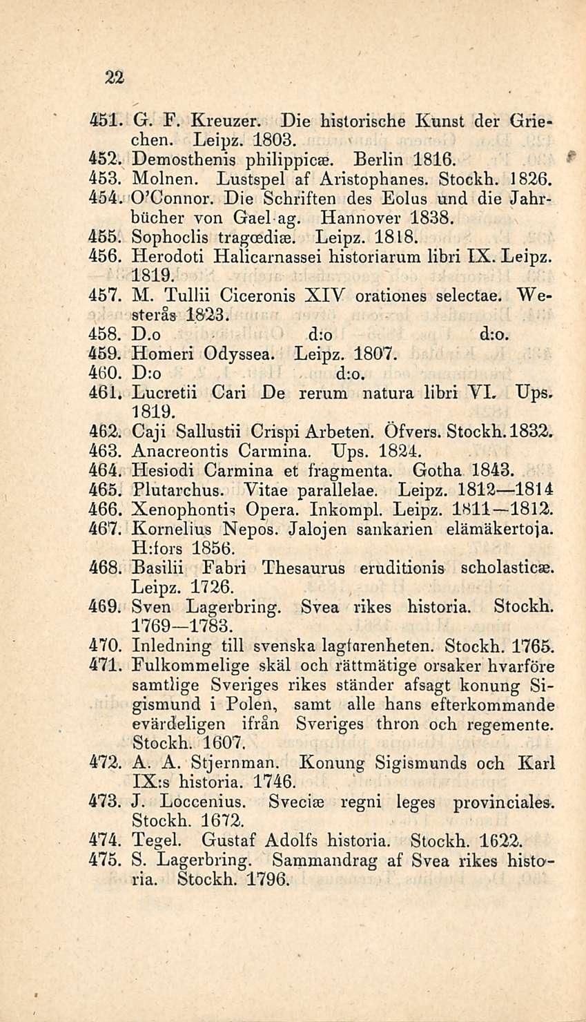 22 451. G. F. Kreuzer. Die historische Kunst der chen. Leipz. 1803. 452. Demosthenis philippicse. Berlin 1816. 453. 454. Moinen. Lustspel af Aristophanes. Stockh. 1826. o Connor.