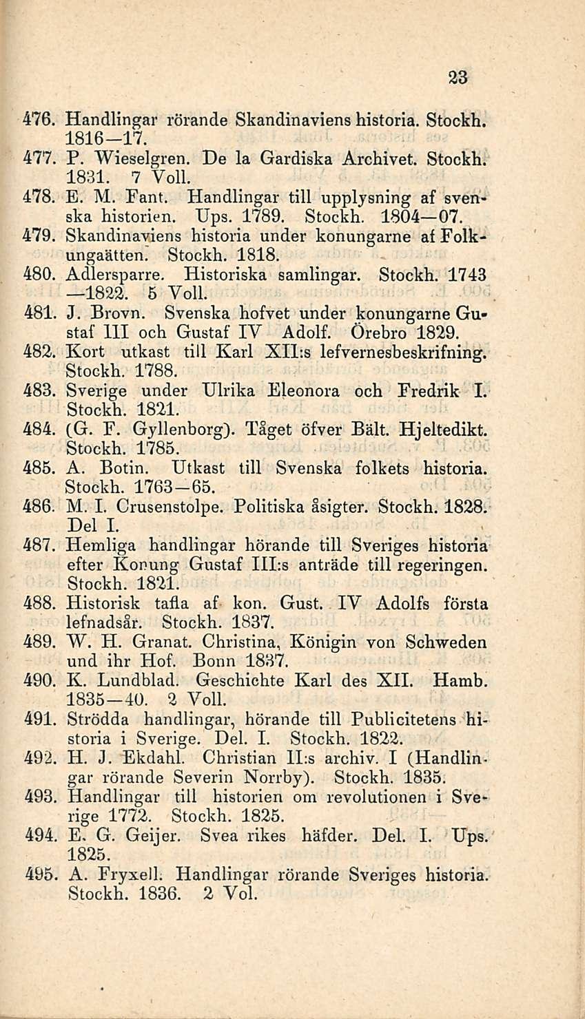 476, 477, 478, 479, 480. 481, 482. 483, 484, 485, 486. 487 488. 489. 490. 491 492 493, 494 495, 23 Handlingar rörande Skandinaviens historia. Stockh. 1816 17. P. Wieselgren. De la Gardiska Archivet.