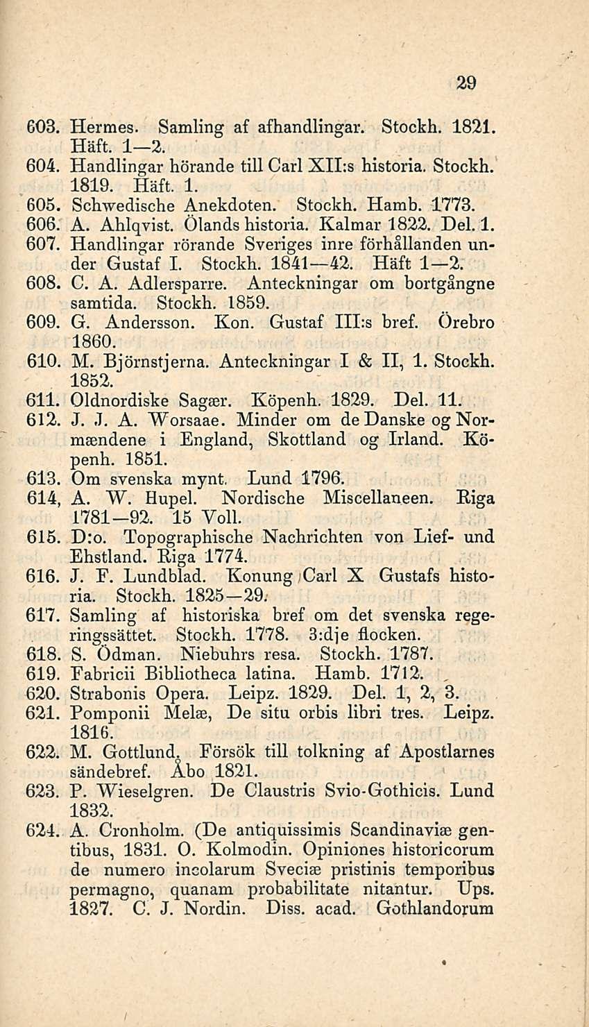 29 603. Hermes. Samling af afhandlingar. Stockh. 1821. Häft. I 2. 604. Handlingar hörande tili Carl XII:s historia. Stockh. 1819. Häft. 1. 605. Schwedische Anekdoten. Stockh. Hamb. 1773. 606. A. Ahlqvist.