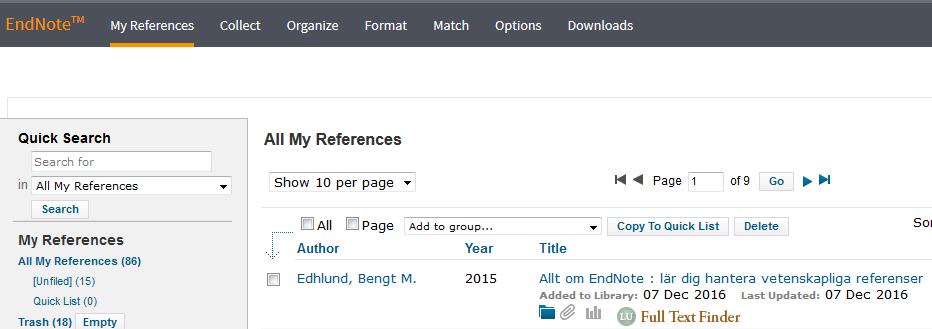 Synka dina referenser med EndNote Online Ett annat sätt att säkerhetskopiera sitt EndNote-bibliotek är att synkronisera det med webbversionen av EndNote, men gör en backup enligt instruktionen ovan