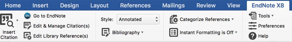 Använda EndNote i Word När du har EndNote installerat så hittar du programmet som en extra flik i verktygsfältet som heter EndNote X8.