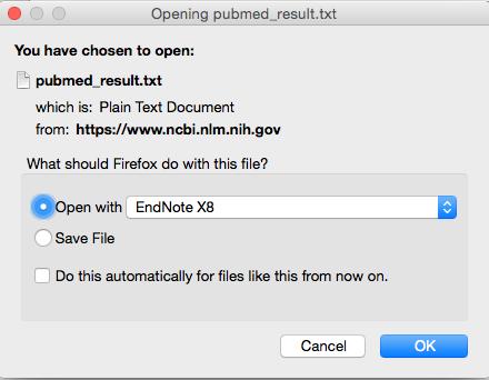 Ett nytt fönster öppnas. Välj Open with EndNote X8. Om inte EndNote är valbart direkt, sök upp programmet på din dator via Applications/Program.