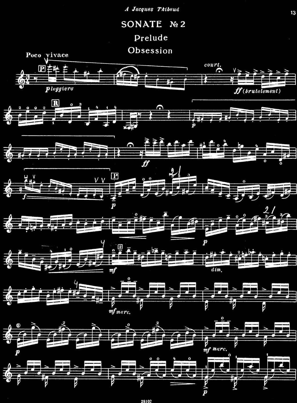 Figur 3: Obsession, sats 1 ur Sonat nr 2 för soloviolin av Eugene Ysaÿe, takt 1-3. Satsen har en väldigt simpel rytmik, den består nästan uteslutande av sextondelar.