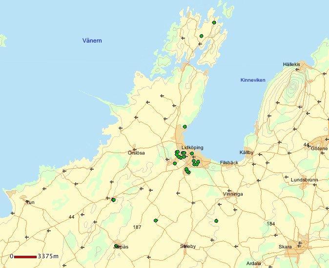 Kartan visar hur anmälningarna om stöld genom inbrott i villa/lägenhet är fördelade geografiskt i Lidköpings kommun.