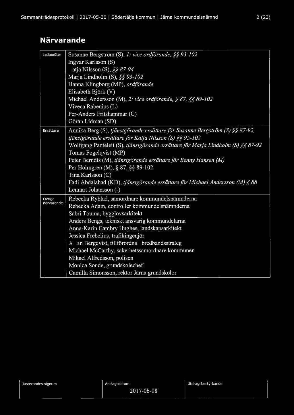 Sammanträdesprotokoll I 2017-05-30 I Södertälje kommun I Järna kommundelsnämnd 2 (23) Närvarande Ledamöter Susanne Bergström (S), 1: vice ordförande, 93-102 Ingvar Karlsson (S) Katja Nilsson (S),