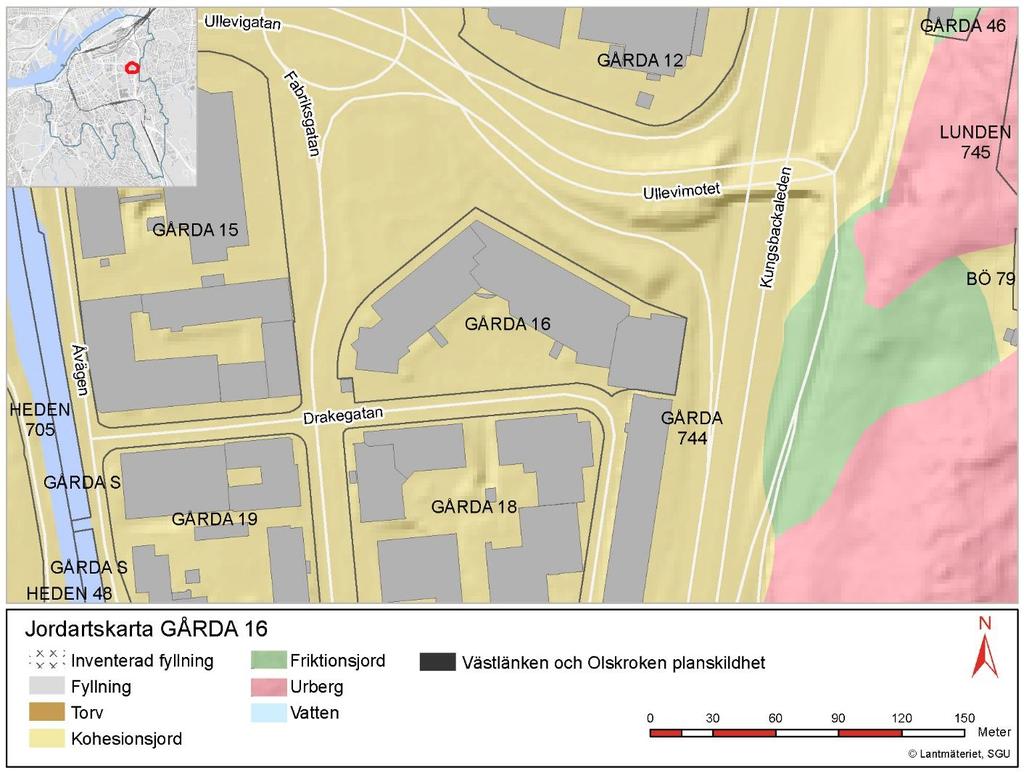 Figur 1. Jordartskarta Gårda 16. 3 Grundvattenförhållanden I friktionsjordlagret under leran finns ett undre grundvattenmagasin.