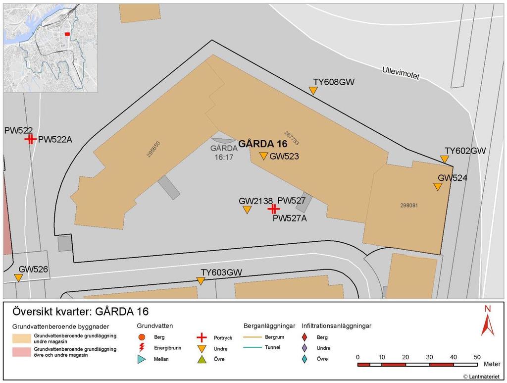 Figur 2. Gårda 16, där grundvattenberoende byggnader visas. 5 Sättningar Satellitsättningsmätningar har utförts sedan februari 2015.