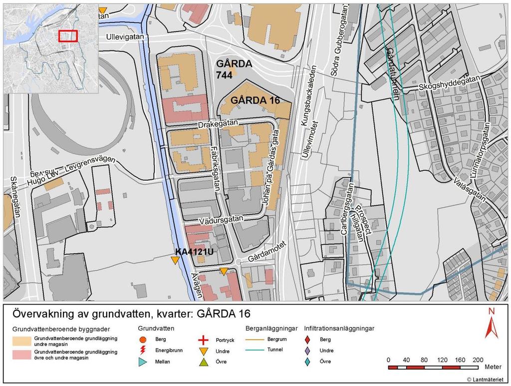Tabell 1. Låga åtgärdsnivåer för kvarteret Gårda 16. Grundvattenrör Magasin Åtgärdsnivå 1 Åtgärdsnivå 2 KA4121U Undre +1,70 +1,49 Figur 3.