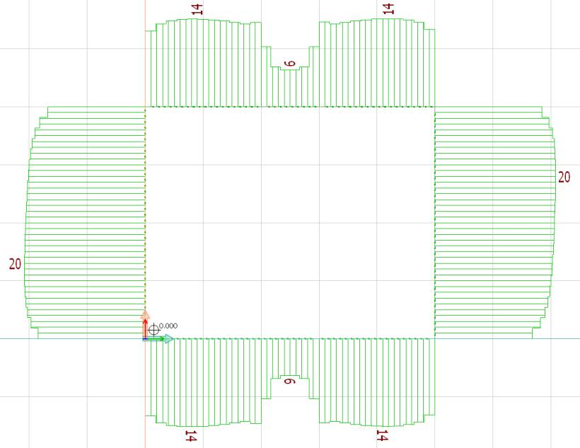 [kn/m] Figur 34. Skjuvflöde i inspänningssnittet för FE-modell. I Figur 35 visas skjuvflödet då kopplingsbalkarna ersatts med ett kontinuerligt skjuvmembran med ekvivalent tjocklek. [kn/m] Figur 35.
