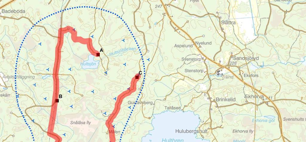 Figur 5 Karta som visar utredningsområde, planerade vindkraftverk, samlingsstationer, transformatorstationen Bredhälla samt markkabelstråken. 3.2.