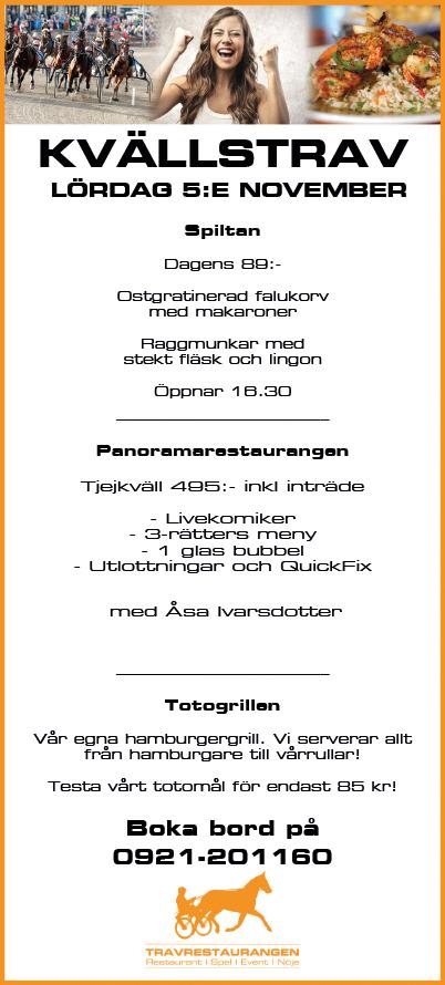 Tävlingsrutiner Information om tävlingsrutiner får du vid inskrivningen. Tel. 0-. Mer information: www.norrtrav.se Dagens hålltider Kl.0 Inskrivningen öppnar. Kl.00 Entrén öppnar. Kl. Provstart bakom bilen.