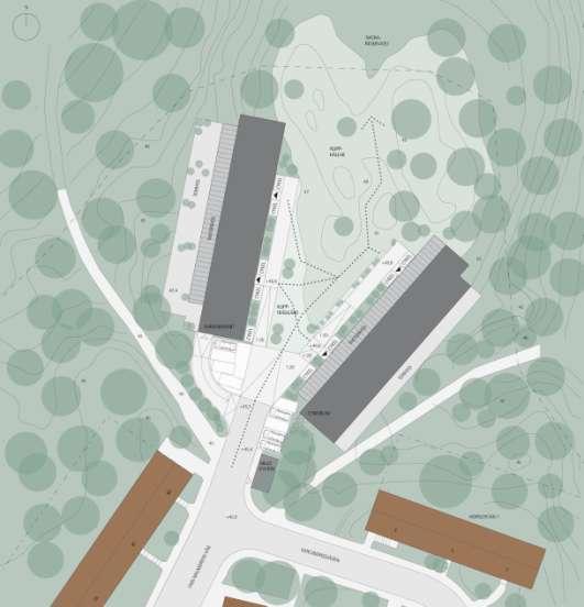 SID 4 (7) Situationsplan Trafik, angöring och parkering Husens entréer är vända mot platån och kommer att nås via en anordnad köryta från en nyanlagd gård. Befintligt gatunät kommer inte att ändras.