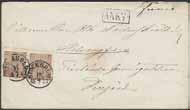 * 300:- 131K 9c 3, 14Bd 5 3+12 öre som ovanlig kombination på brev sänt från STICKHOLM 19.10.1869 till Tyskland. Ankomststämplar KIEL HAMBURG 22.