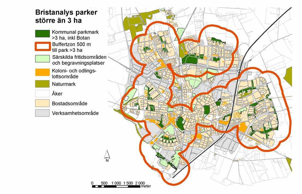 Bristanalys Lunds stad - tillgång till stadsdelsparker på minst 3 ha inom 500 m. Tillgång till parkmark i olika delar av kommunen. Andel av befolkn. Andel av befolkn. Andel av befolkn. Tot.