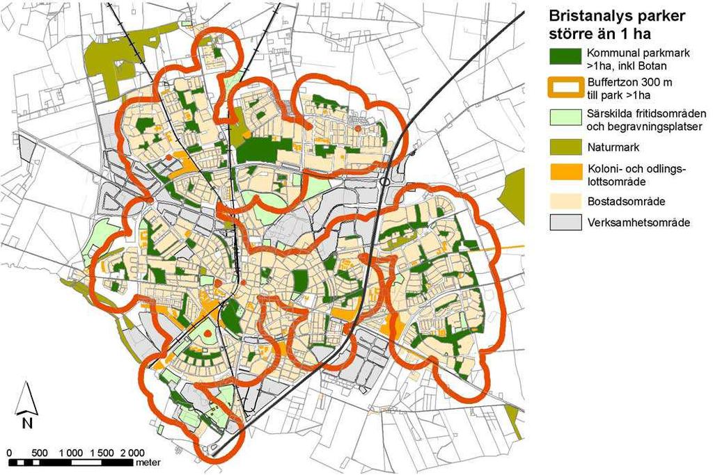 Bristanalys Lund stad - tillgång till närpark på minst 1 ha inom 300 m.