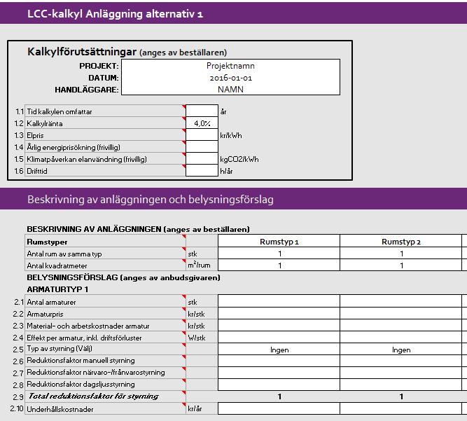 LCC-kalkylen Beställaren anger: Kalkylförutsättningar Information om användning Beskrivning av