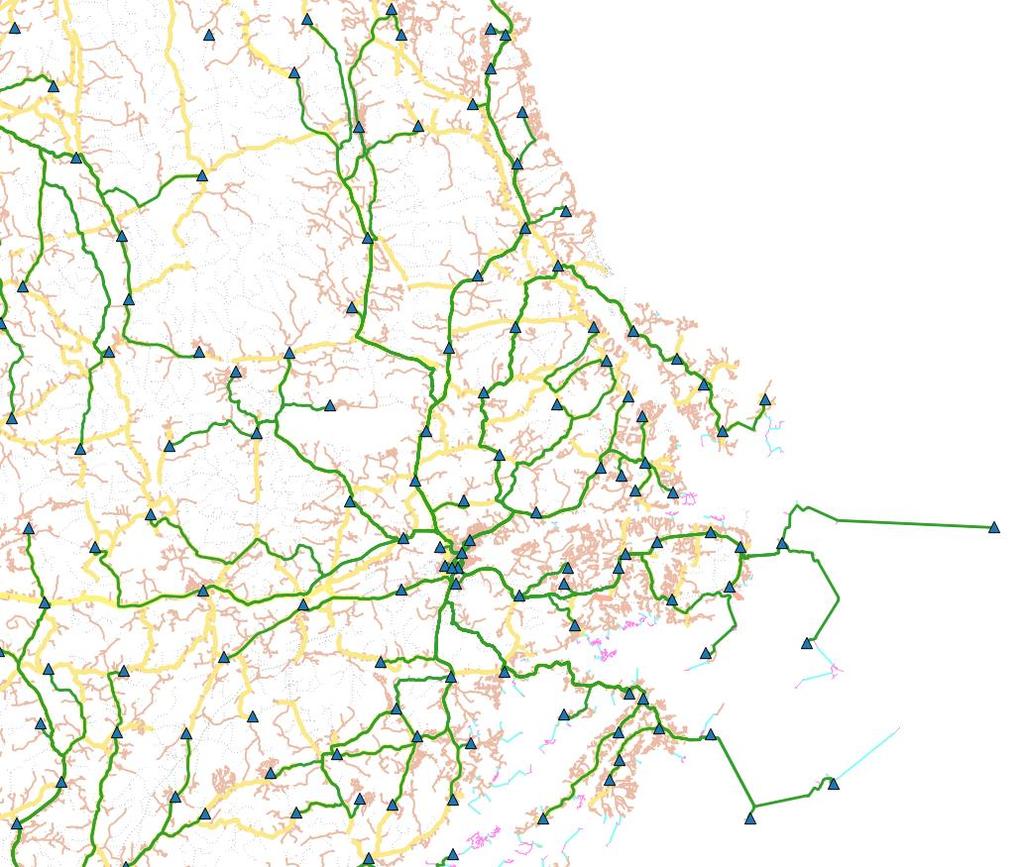 Figur 54 - Karta över den allmänna nivån (mellan access- och edgenoder) Källa: TERA Consultants, EMTEL, Telia Company Infrastrukturen på metronivån utgörs av redundanta länkar på den allmänna nivån,