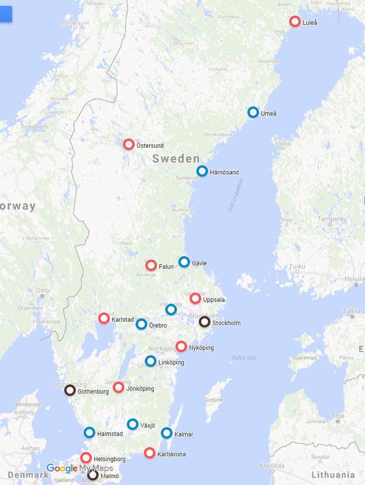 Figur 16 - Karta över de 24 utvalda regionala huvudnoderna Varje röd nod har en blå tvillingnod (streckad