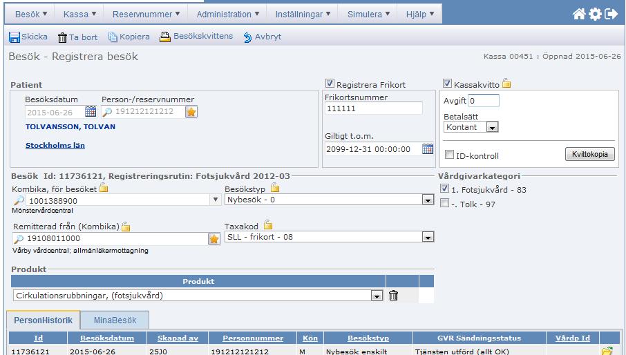 Visa/ändra/ta bort/kopiera/skriv ut besökskvittens på ett besök. Börja med info.