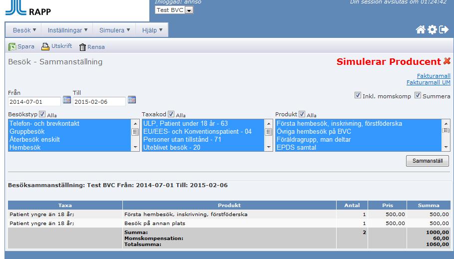 Sammanställning Under huvudrubrik Besök och underrubrik Sammanställning tar man ut en rapport per faktureringsperiod som kan fungera som fakturaunderlag till månatlig faktura.