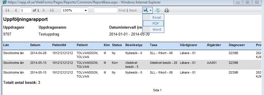 Vald och visad rapport kan exporteras till Excel, PDF eller Word, klicka på symbol