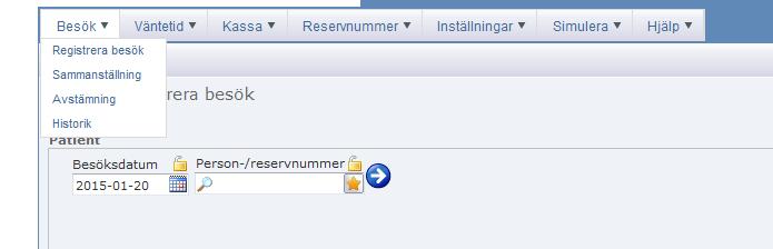 Huvudflikar Besök Väntetid Kassa Reservnummer Inställningar - Hjälp Till varje flik hör ett antal underflikar: Besök: Registrera Besök - Sammanställning Avstämning - Historik Väntetid: Registrera