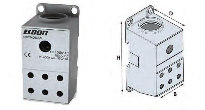 KOPPLINGSMATERIEL Anslutningar Ström Cu Al Beteckning E-nr 3x6-16 mm², 4x2,5-6 mm² 80 A 63 A EKB80AL 2251140 1x10-50 mm², 6x2,5-16 mm² 1x2,5-25 mm² 125 A 100 A EKB125AL 2251142 1x10-70 mm², 6x2,5-16