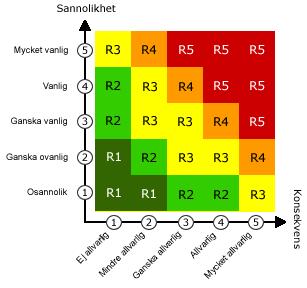 Värdera varje noterad risk utifrån sannolikheten att den ska inträffa i framtiden och markera på en skala 1-5.