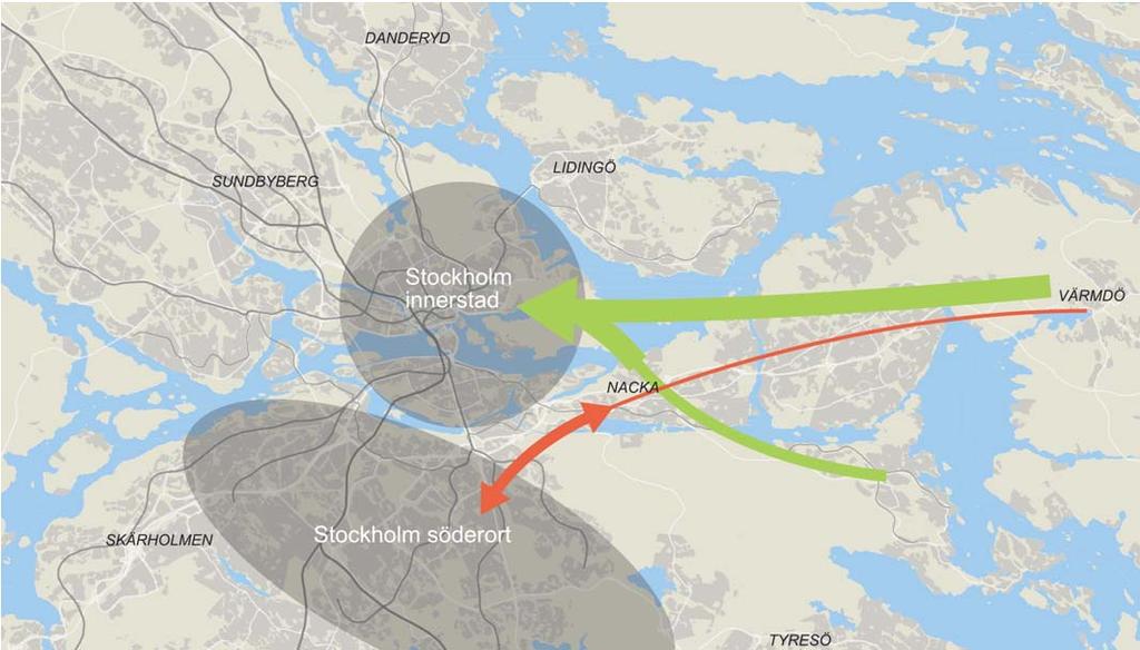 direktbussar, främst med målpunkt vid Slussen för omstigning till annan kollektivtrafik. Stockholms innerstad utgör den viktigaste målpunkten för såväl Nacka som Värmdö.