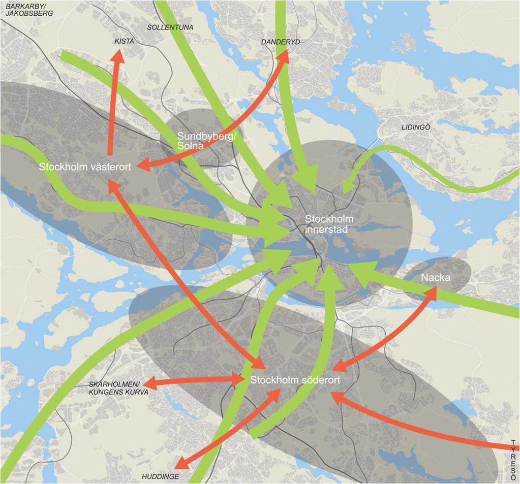 resandet till målpunkter i norra delarna av den centrala sektorn sker främst från norra länshalvan och vice versa på södra sidan.