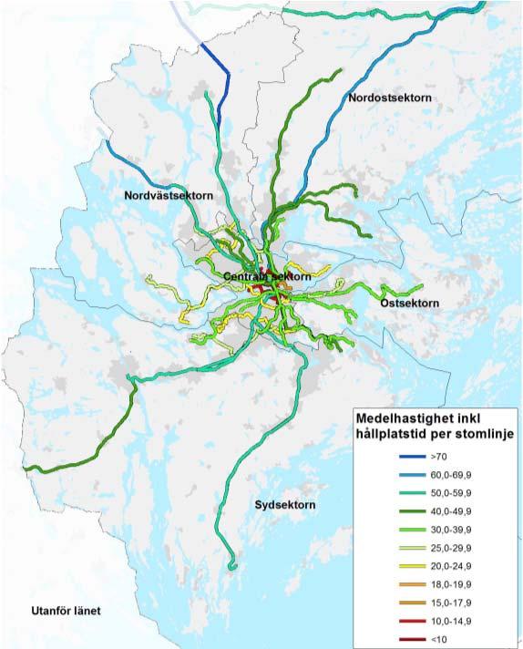 De radiella stombusslinjerna ligger i huvudsak i intervallet 40-50 km/h, med undantag för Norrtälje som ligger väsentligt högre.