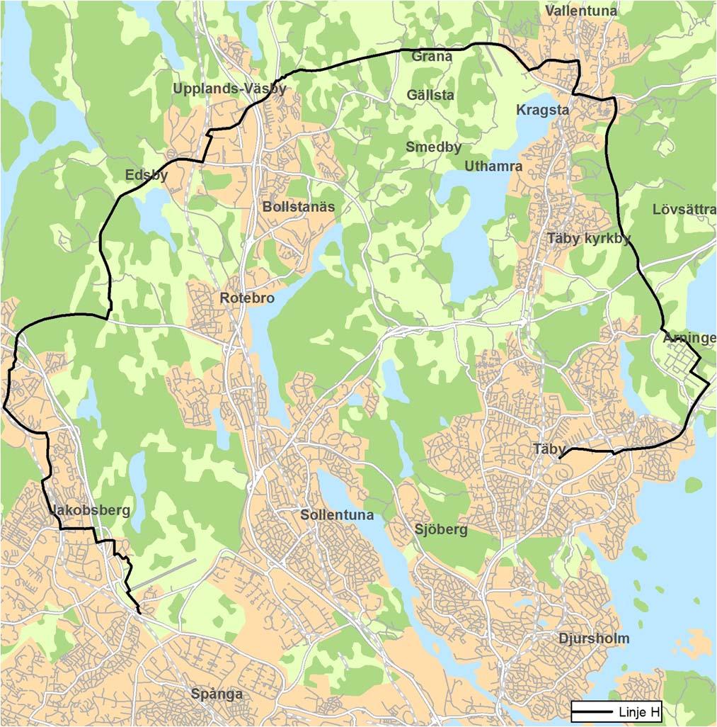 Figur 22. Linjedragning linje G Norrtälje Stockholm C Gustavsberg Linjen dras via kollektivtrafikkörfält på Galoppfältet för en snabb anslutning till Täby C.