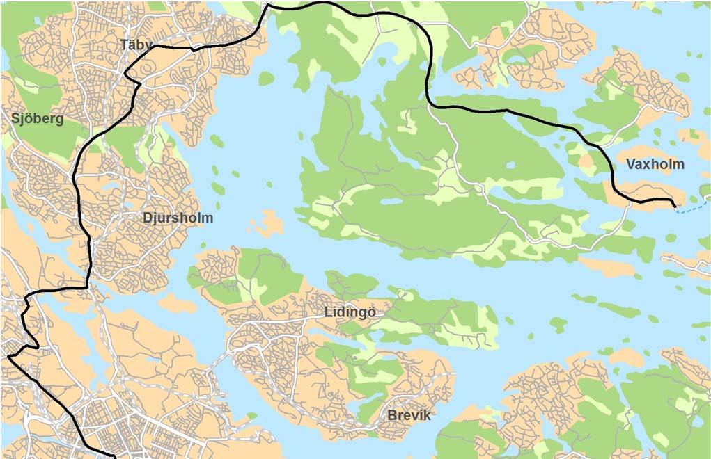 Figur 24. Linjedragning linje I Vaxholm Stockholm C Tyresö C Linjen följer samma stråk som linje G från Arninge till Täby och vidare genom centrala Stockholm.