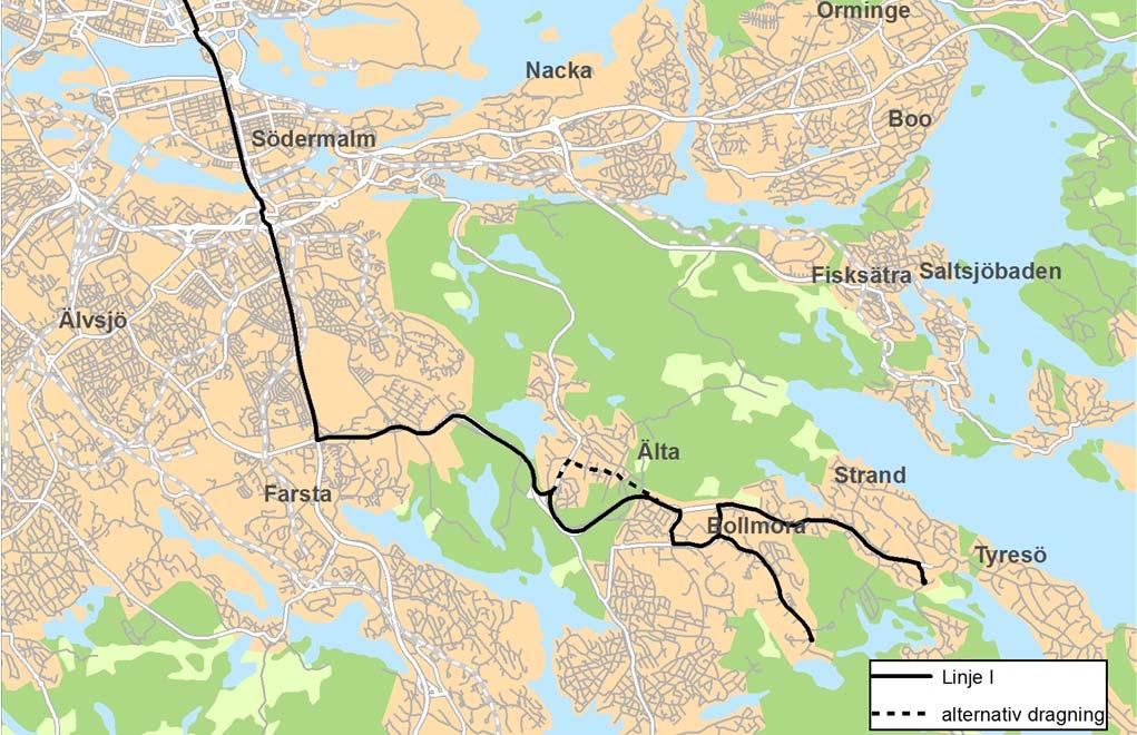 Linjen är delad i två efter Tyresö C, med slutpunkt i Nyfors respektive Tyresö Kyrka. En framtida utveckling är angöra Älta.