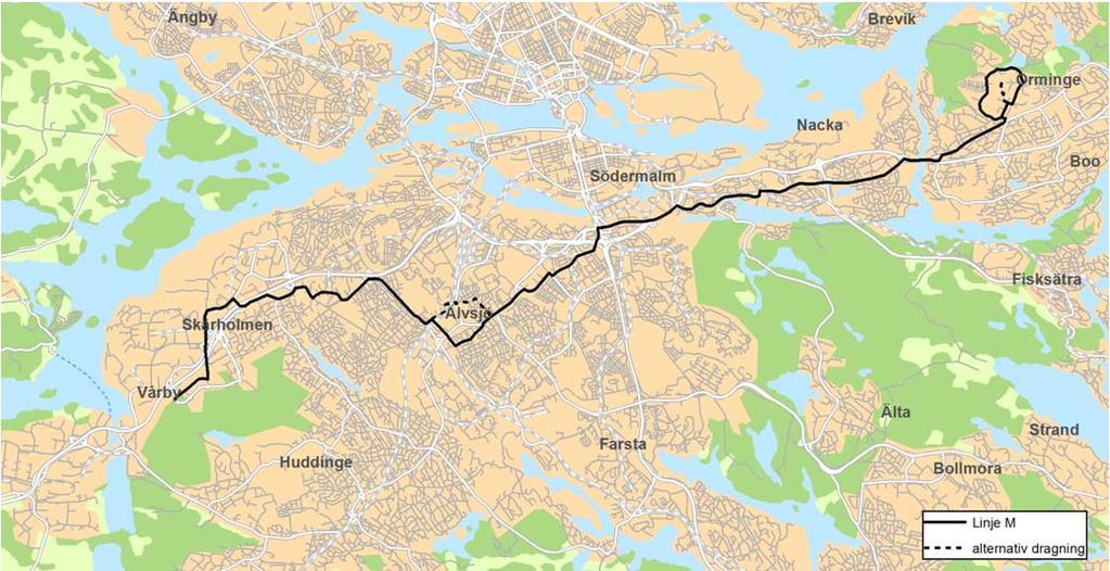 Figur 28. Linjedragning linje M Kungens kurva/skärholmen Fruängen Älvsjö - Gullmarsplan Sickla Orminge Förbi Älvsjö station finns alternativa dragningar norr och söder om stationen.