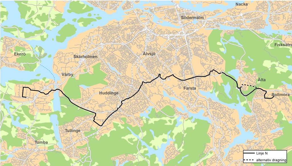 ramen för utvecklingen av Söderstaden. N. Tyresö C Skarpnäck Norra Sköndal Flemingsberg Norsborg: Nuvarande linje 172 förlängs till Tyresö C, och dras i en genare dragning genom söderort och Botkyrka.