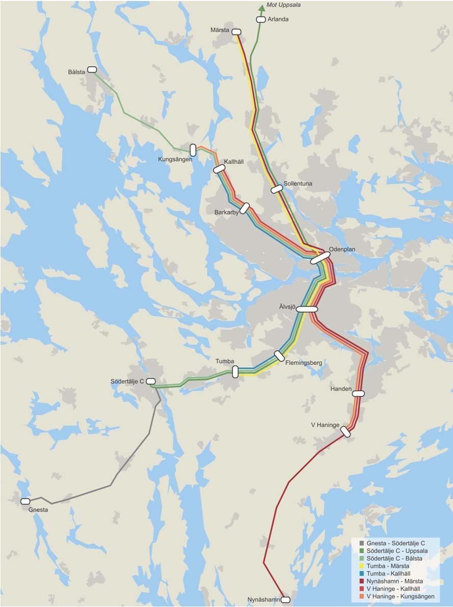 Figur 33. Utvecklad trafikering av pendeltågssystemet (UA2030). Samtliga åtta linjer har 20- minuterstrafik. 6.