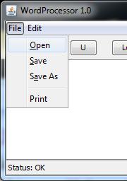 add(new JMenuItem("Save As", 'A')); file.addseparator(); file.add(new JMenuItem("Print")); bar.