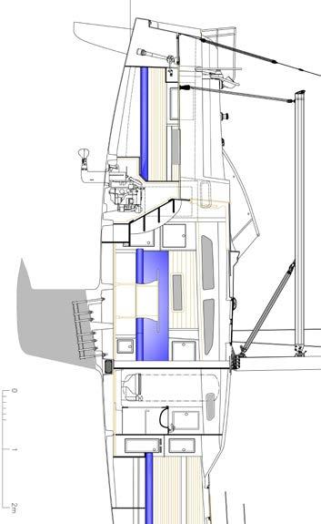 Handuppläggning. Kölparti i homogent laminat. Integrerad avvisarlist med mässingsskena. Blått dekorfält i gelcoat ovanför avvisarlisten. Kraftig bottenstock längs och tvärs båten. Djupt kölsvin.