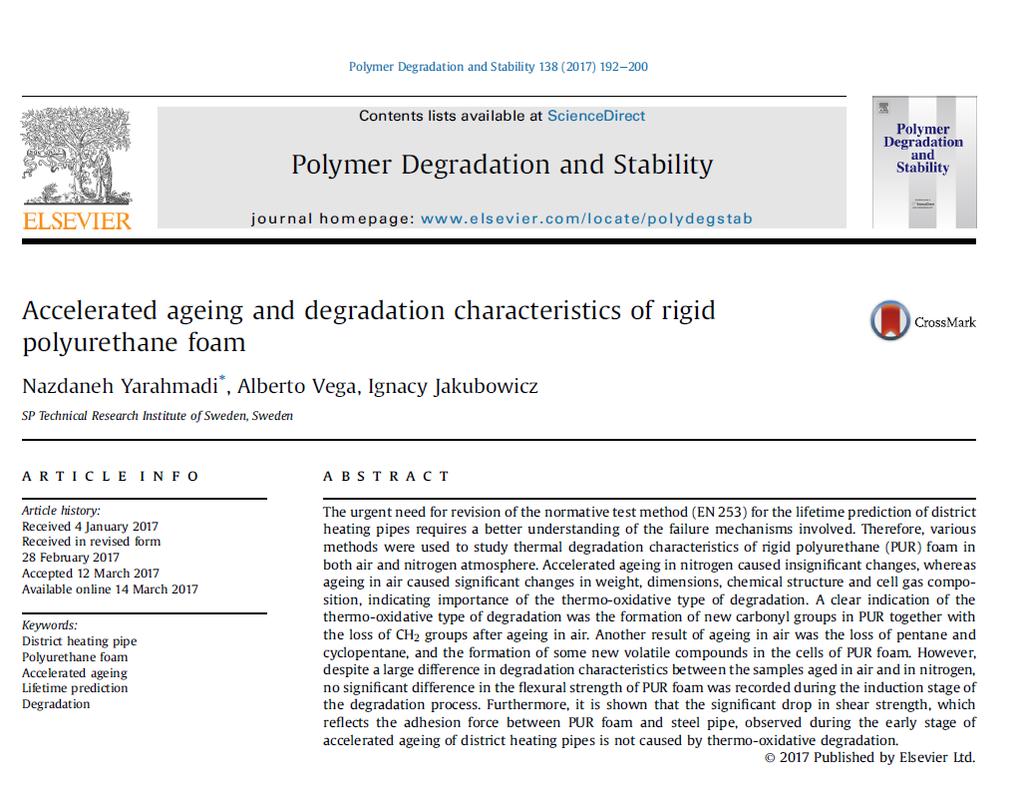 FAS 1 Vetenskaplig artikel i Polymer Degradation and Stability Rapport 2017-354 Livslängd för Fjärrvärme