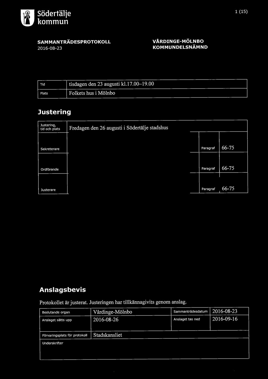 södertälje l<ommun l {15) SAMMANTRÄDESPROTOKOLL 2016-08-23 V ÅRDINGE-MÖLN BO KOMMUNDELSNÄMND Tid tisdagen den 23 augusti kl.l 7. 00-19.