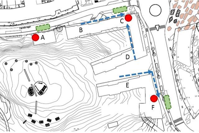 För alla gångvägar till soprum, men särskilt de långa, är det viktigt att tillgänglighetskrav uppfylls på såväl kvartersmark som på allmän platsmark - gångväg.