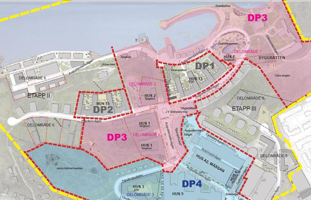 2 Omfattning och bakgrund I Dp 3 ingår exploatering i delområde 1, 2 och 7 enligt illustrationen nedan. Området förtätas med nya byggnader som kommer innehålla huvudsakligen bostäder.