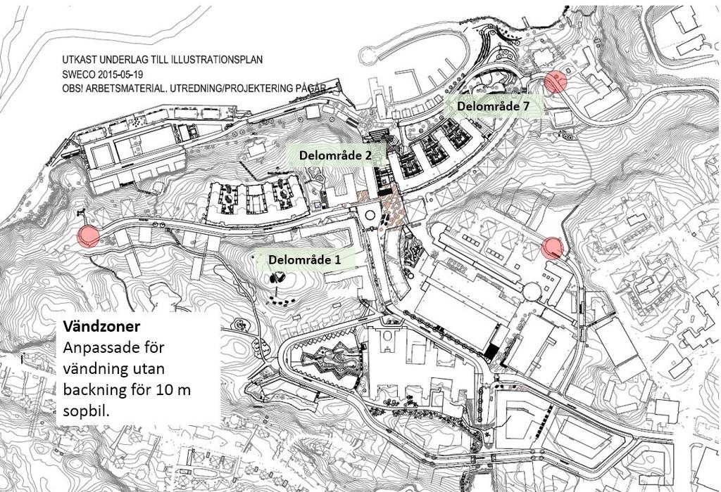 Ellensviksvägen. Ellensviksvägen söderut saknar vändmöjlighet i planområdet och är för brant för att framföra sopbil på enligt den riskbedömning som gjorts.