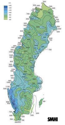 2011 2012 2013 2014 2015 2016 Figur 8. Kartor med årsvisa nederbördsmängder under 2011 2016. Kartorna är hämtade från SMHI, https://www.smhi.se/klimat/arssammanstallningar/vader. 3.
