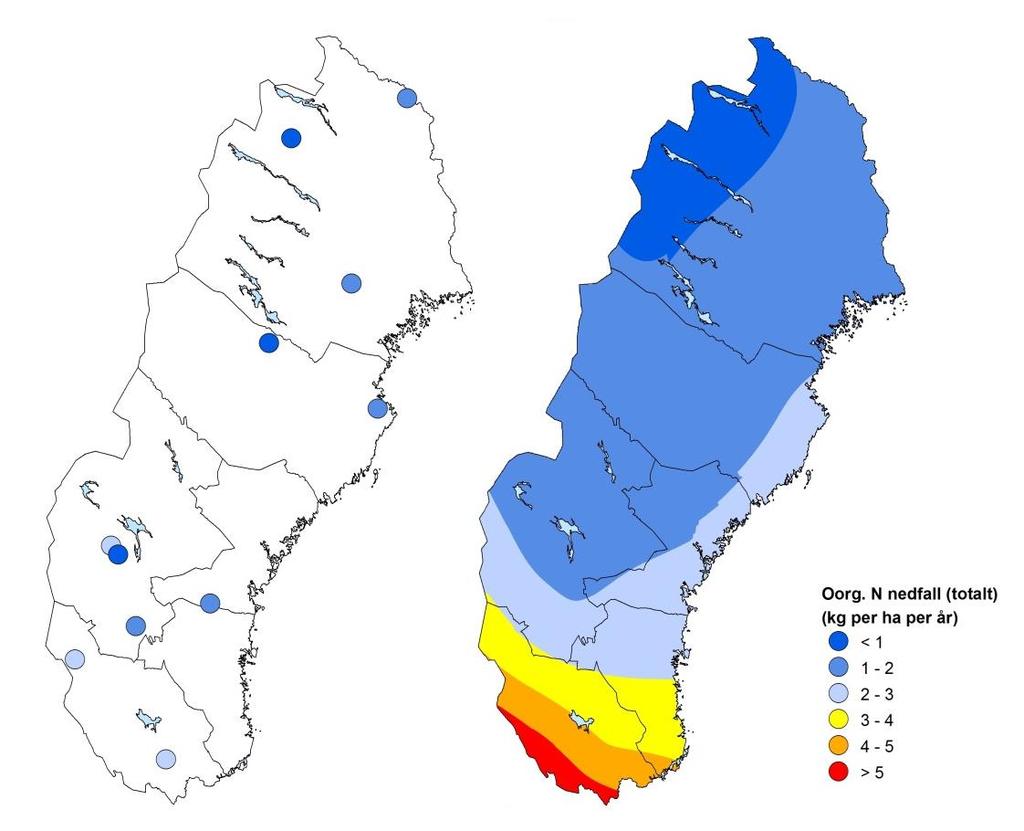 Figur 25. Nedfall av oorganiskt kväve (NO3-N + NH4-N) över öppet fält (t.v.) och som totalkväve (t.h.) under 2015/16 vid samtliga mätplatser i norra Sverige. 4.2.2 Låga halter av nitratkväve i markvattnet Nitrat förekommer sällan i markvattnet i ostörda skogsekosystem, förutom längst ner i sydvästra Sverige.