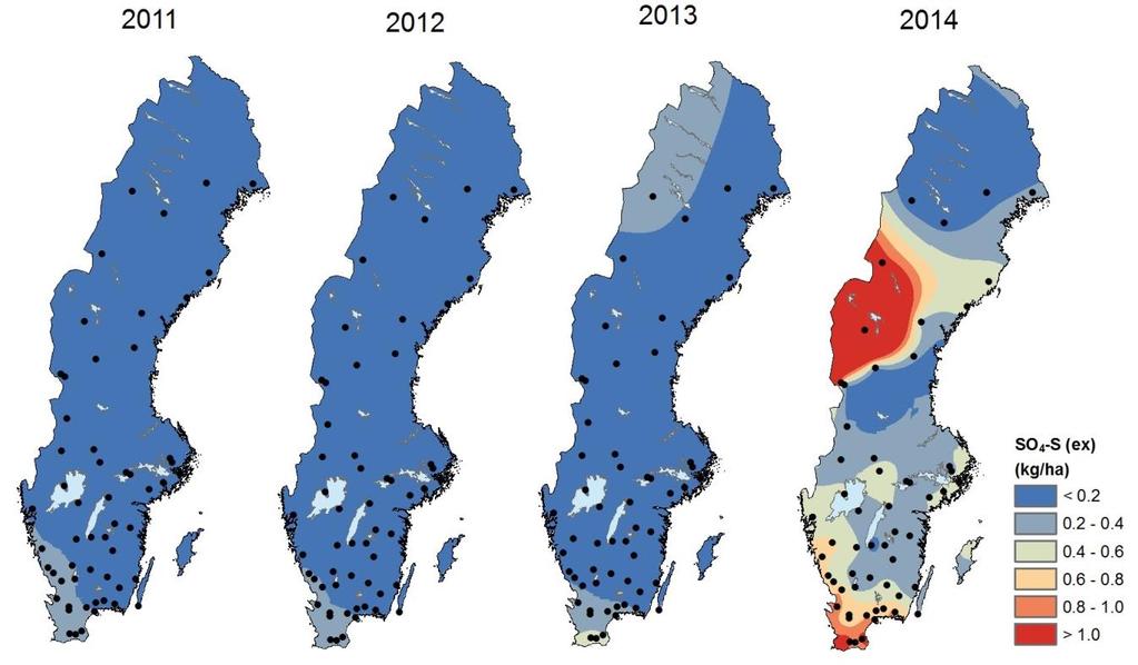 Figur 28. Totalt svavelnedfall via krondropp i Sverige under oktober 2011, 2012, 2013 och 2014.