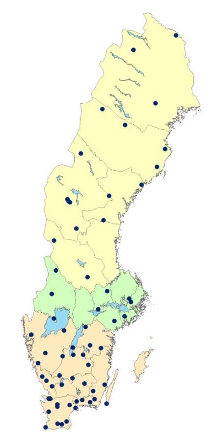 1.3 Mätplatser Genom åren har antalet mätplatser inom Krondroppsnätet varierat, som mest fanns i mitten av 1990-talet cirka 185 mätplatser.